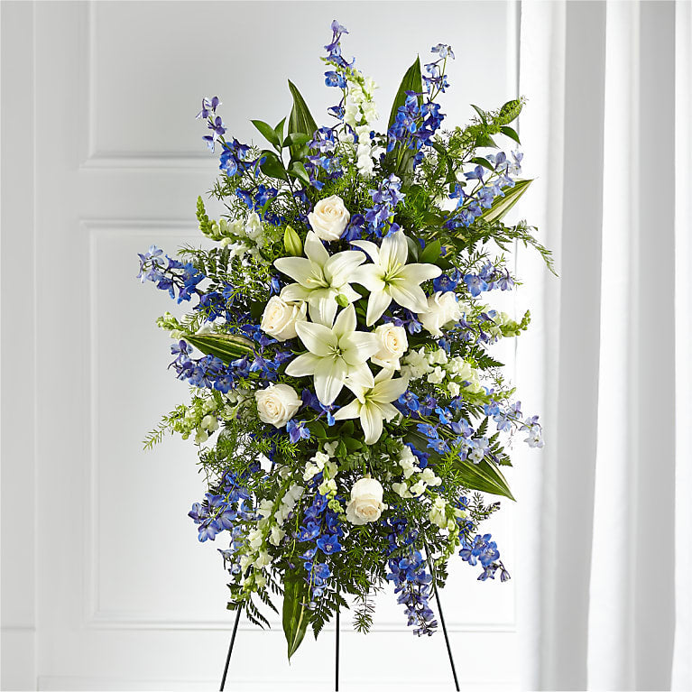 Faithful Friend Standing Spray – Blue & White Sympathy Flowers Premium