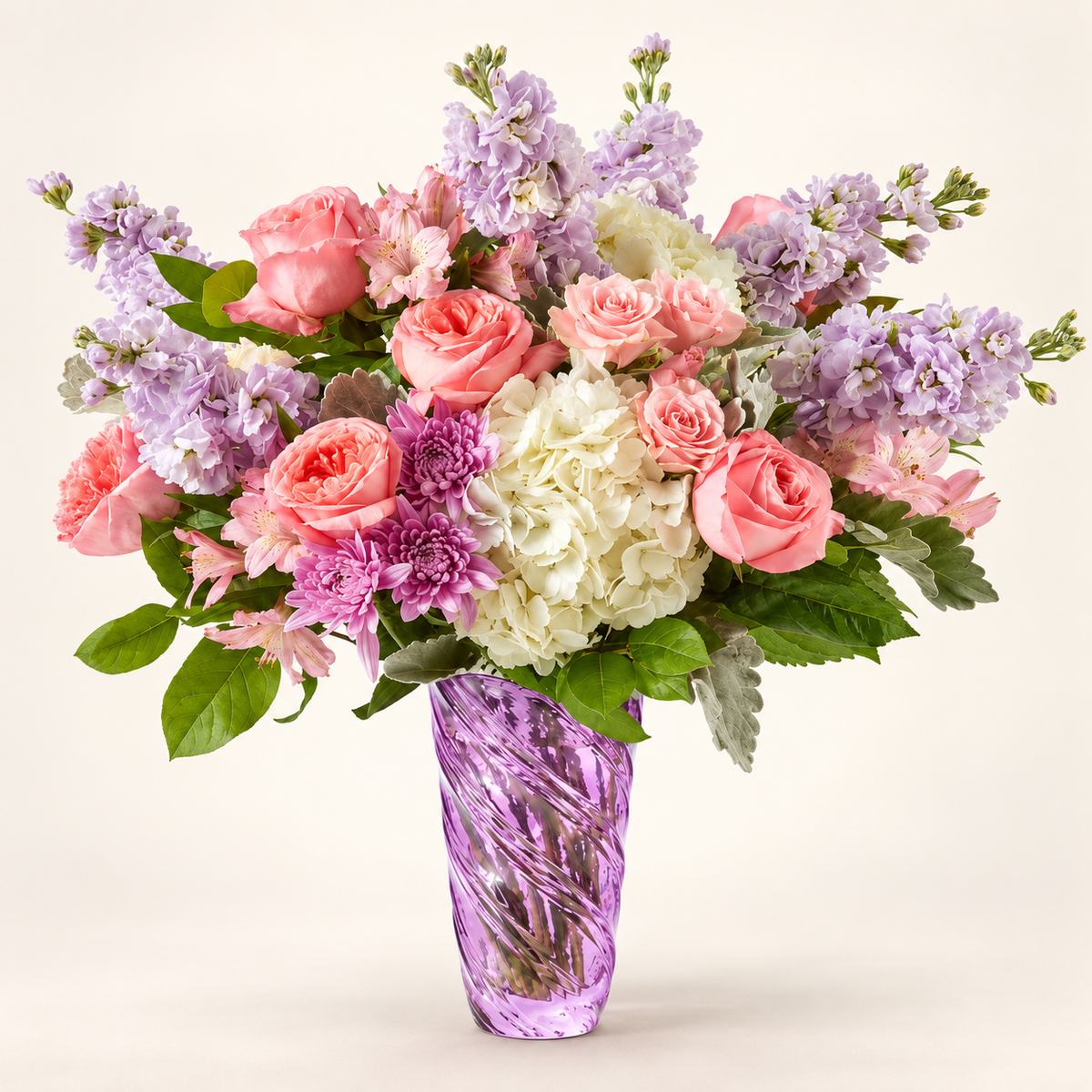 Silver Lining Bouquet Soft Pink Roses & Hydrangea Arrangement