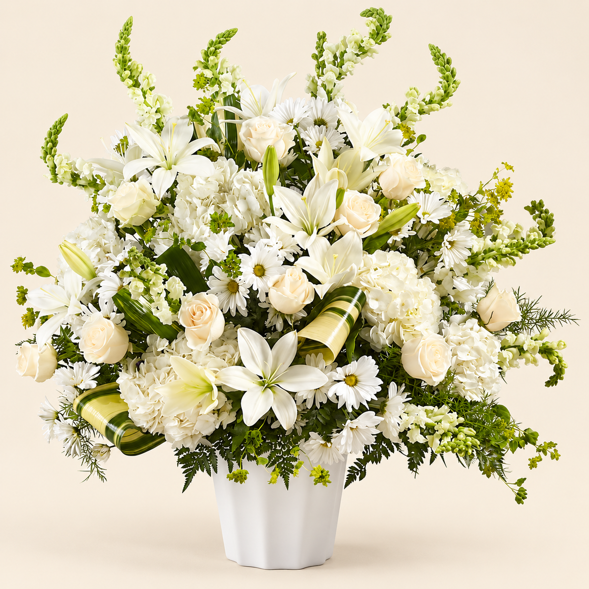 Heaven's Garden memorial arrangement side view – white sympathy flowers