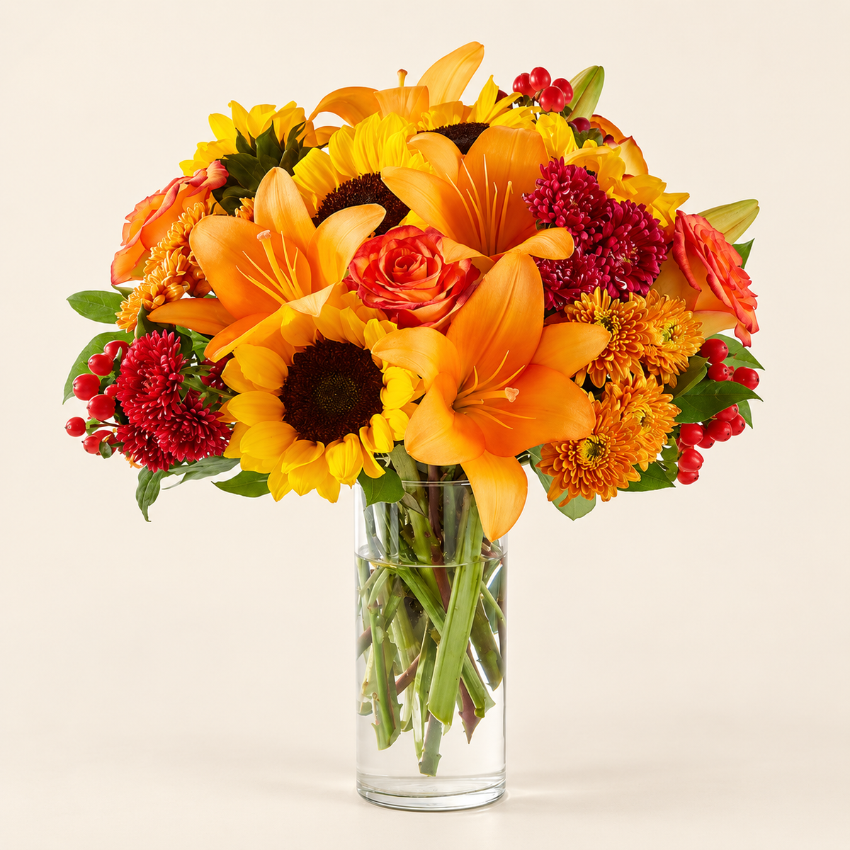 Close-up of fall day bouquet with sunflowers, roses and lilies from Baldwin Park florist