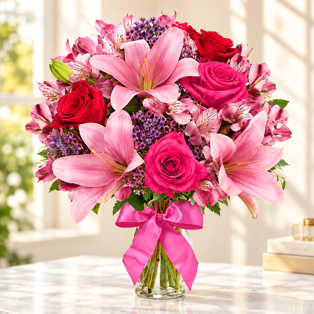 Close-up of pink roses, pink lilies and purple filler flowers in a sweet bouquet