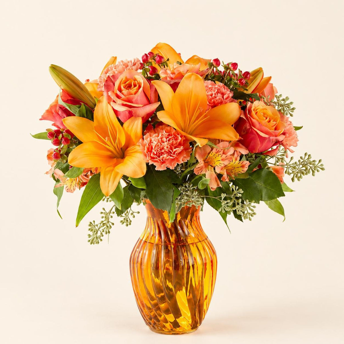 Afternoon Light Fall Bouquet – Orange Lilies, Roses & Carnations