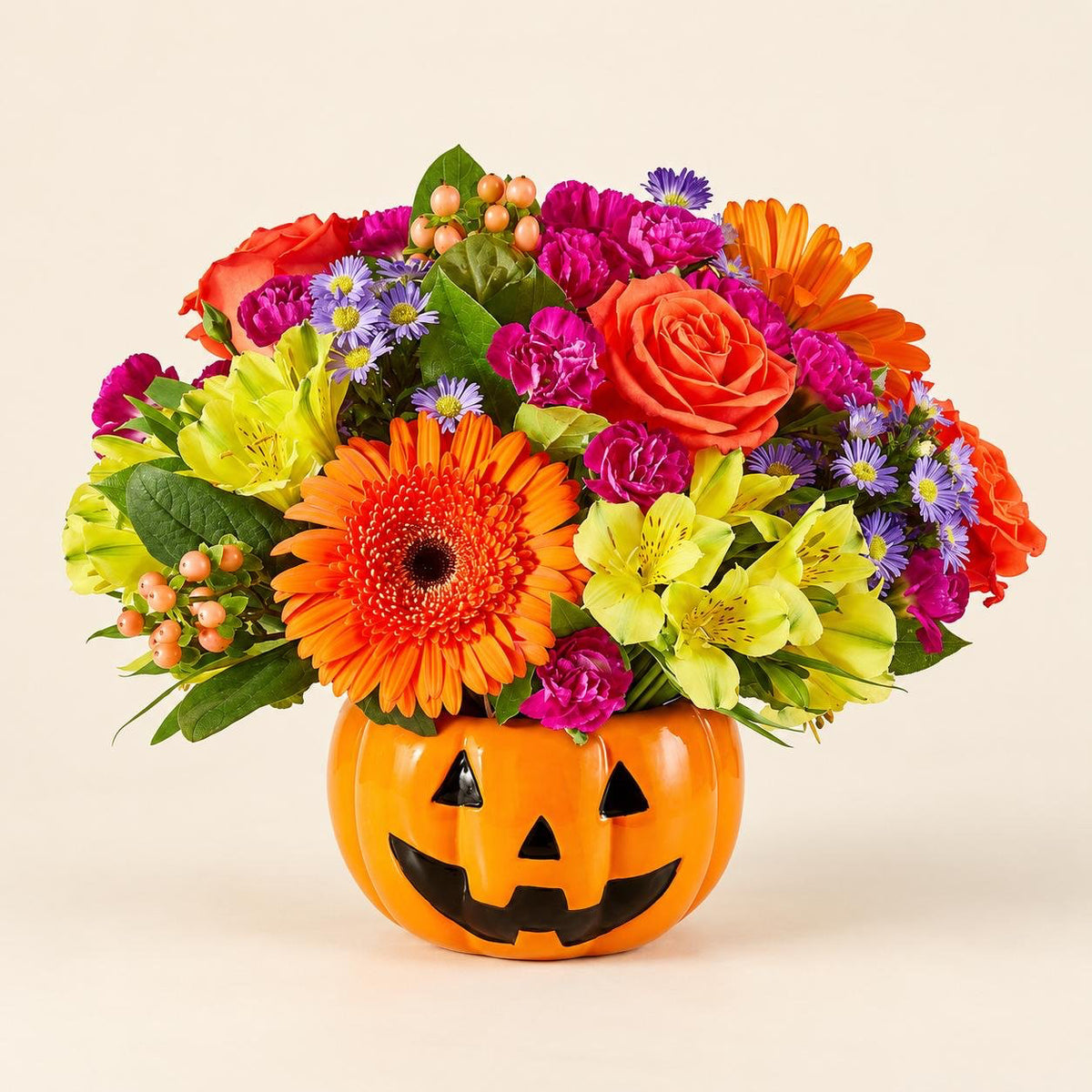 Tricks & Treats Fall Pumpkin β Gerbera Daisies & Roses in a Jack-O'-Lantern