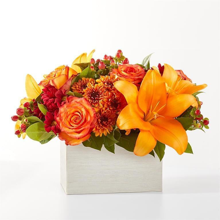 Backyard Bonfire Fall Bouquet – Orange Lilies & Fiery Roses