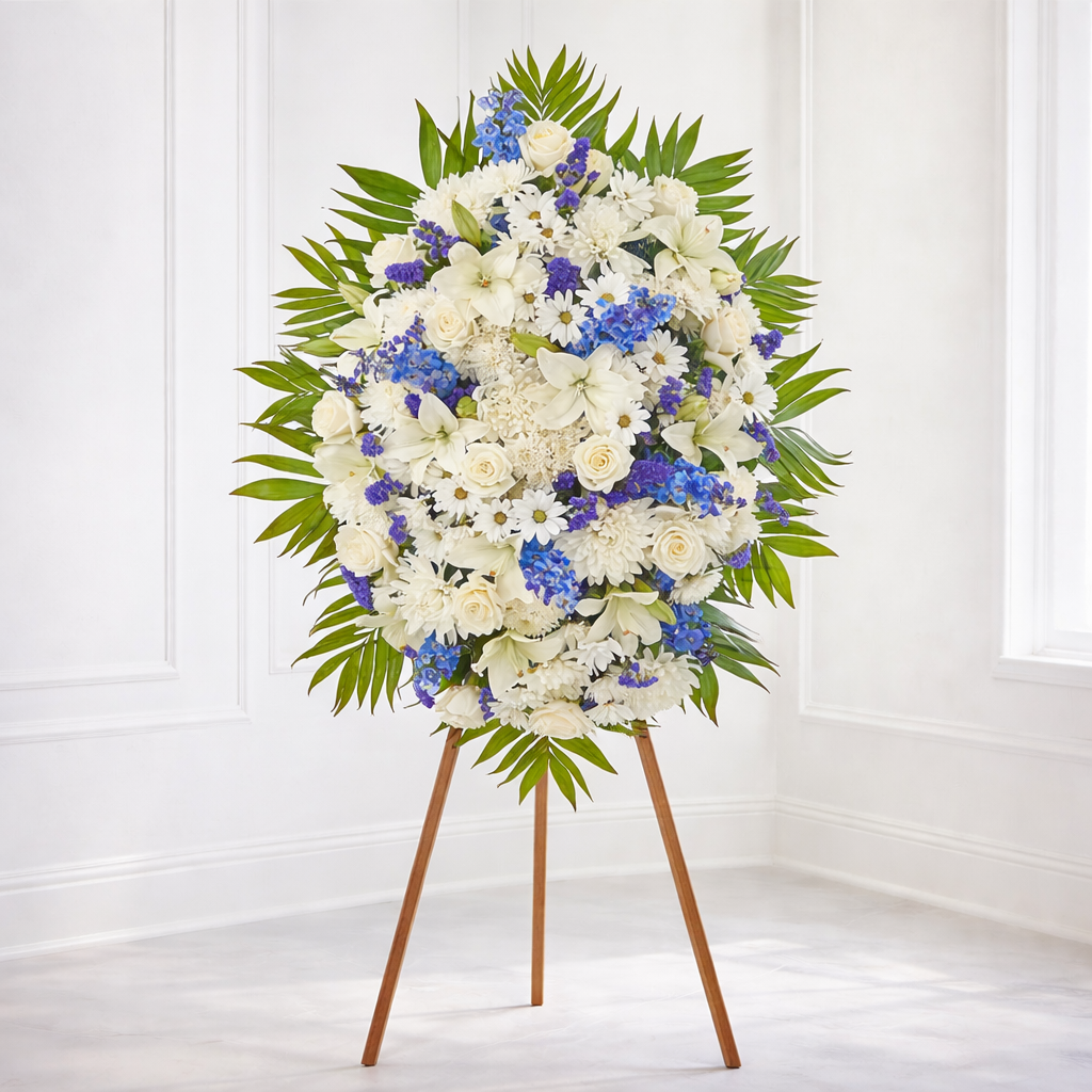 At Rest Standing Spray – White & Blue Sympathy Flowers