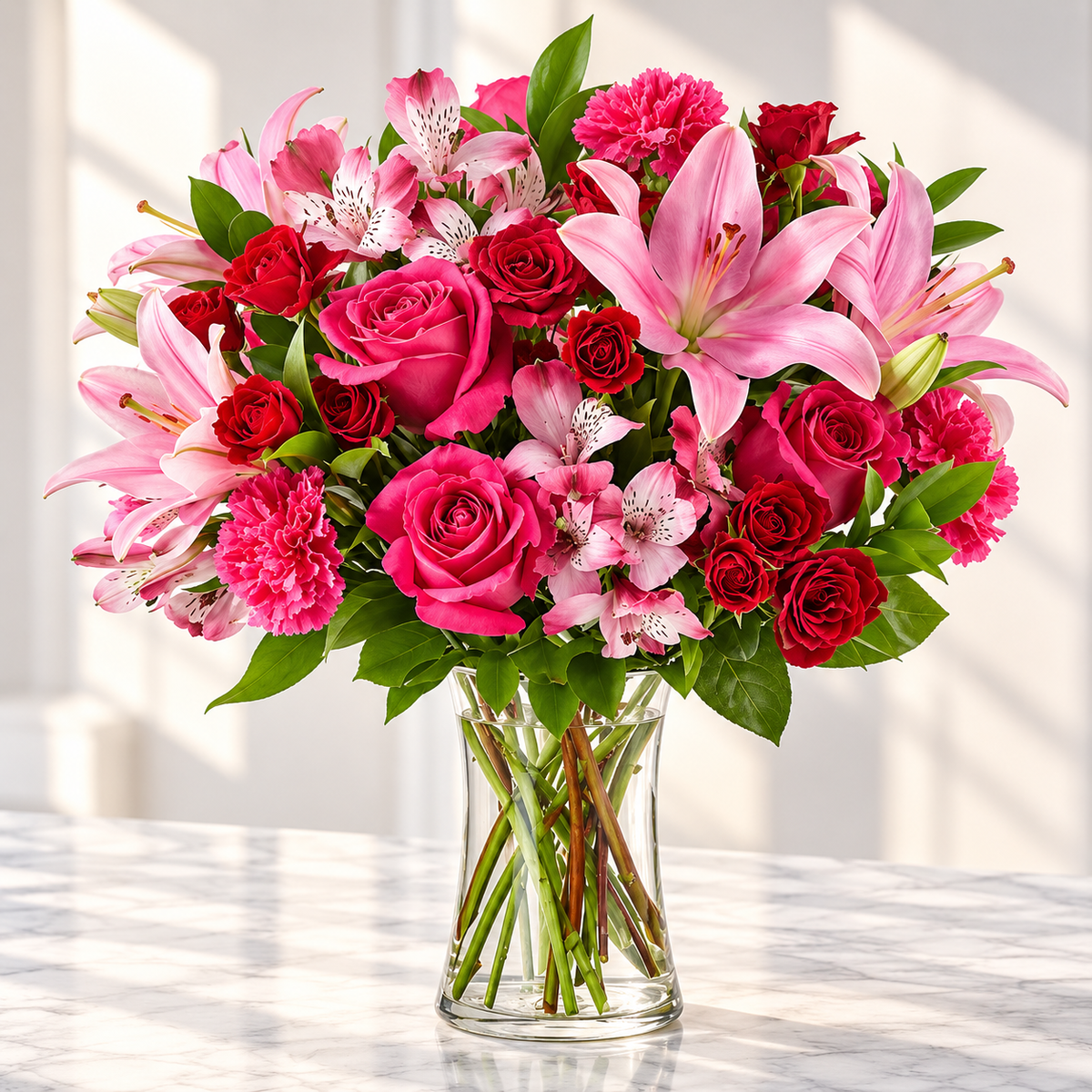 red roses, pink roses, romantic bouquet, love bouquet, in love flowers, anniversary flowers, valentines day flowers, date night flowers, romantic gift, red rose bouquet, pink lily bouquet, Baldwin Park florist, same-day flower delivery