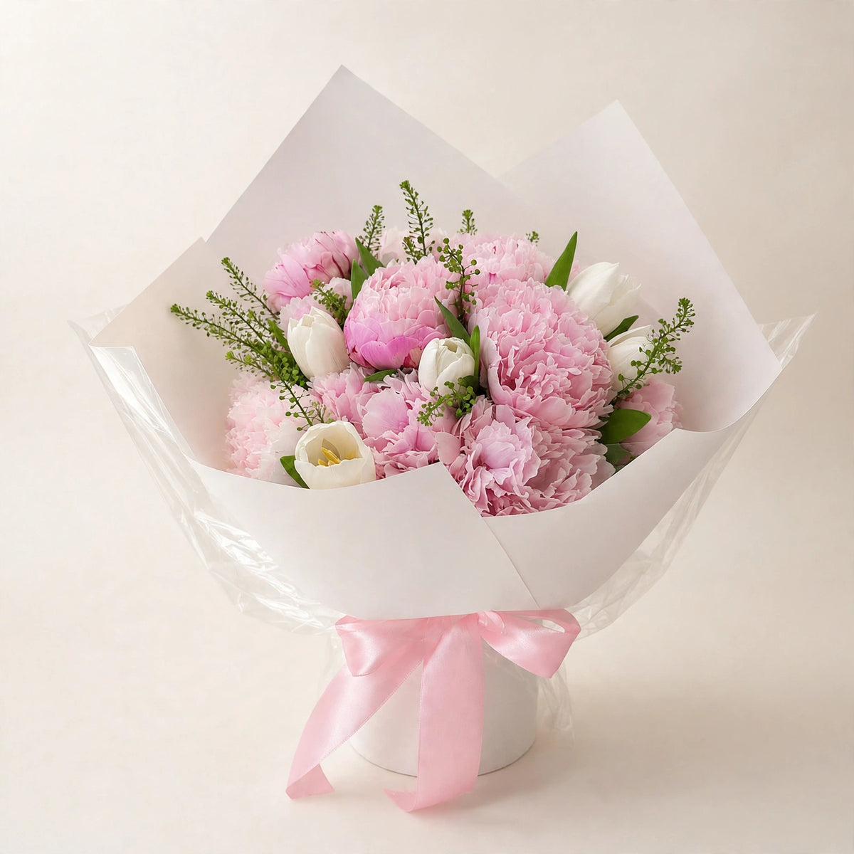Pink Peony Bouquet โ pink peonies with white tulips, hand-wrapped by LaLa Florist in Baldwin Park