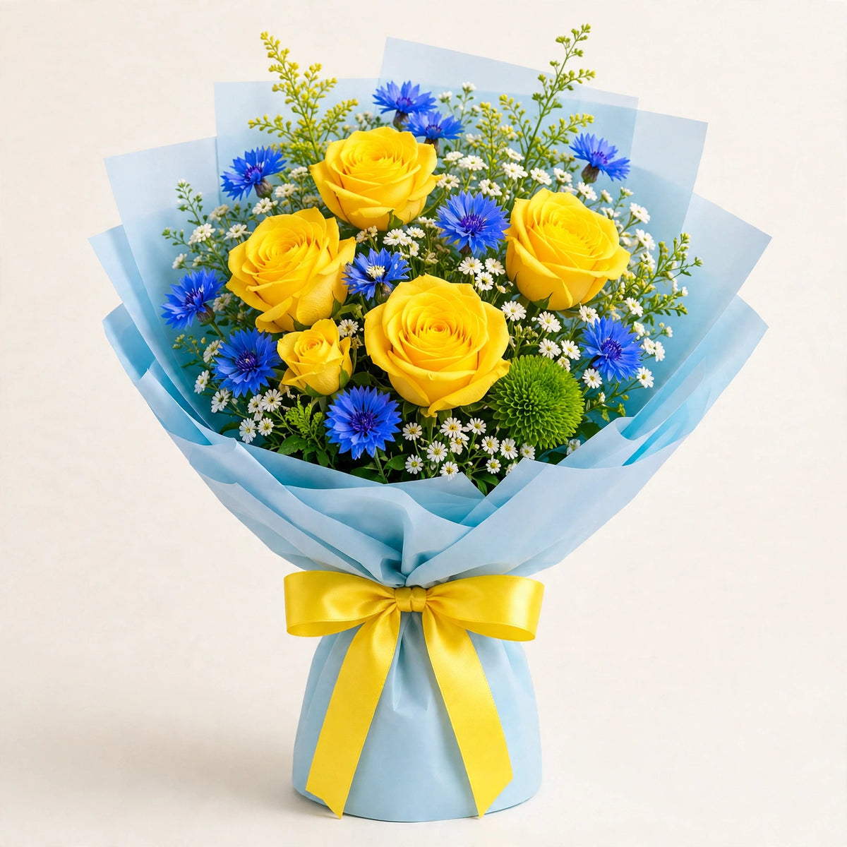 Blue Sky Bouquet — yellow roses with blue cornflowers, baby's breath and solidaster in a light-blue wrap, hand-arranged by LaLa Florist in Baldwin Park