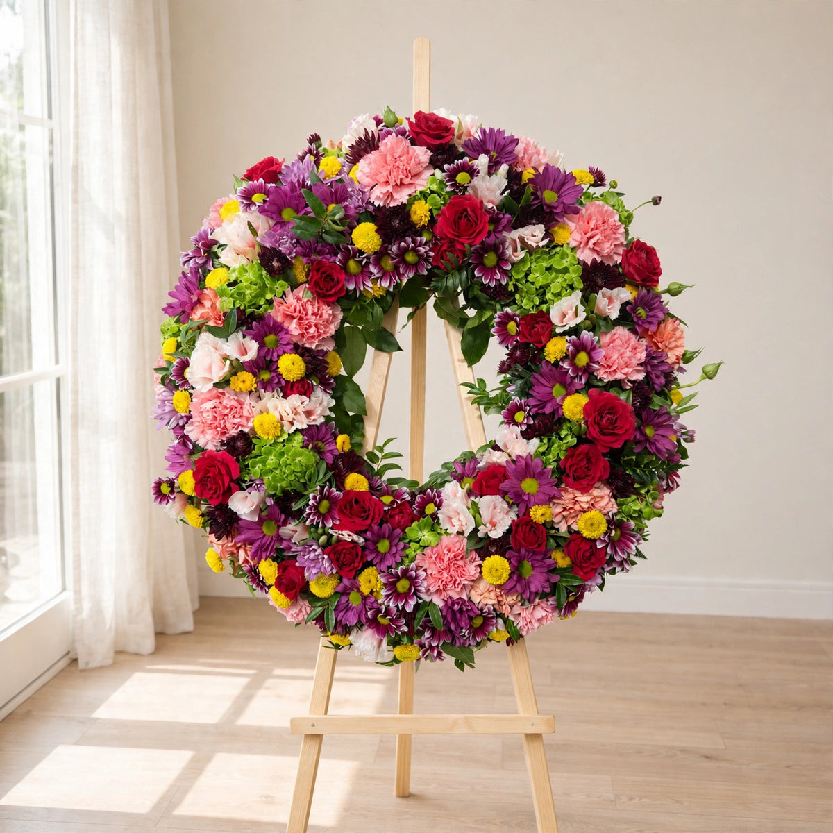 Elegant Sympathy Floral Wreath with red, pink and purple blooms on a wooden easel by LaLa Florist, Baldwin Park funeral flowers
