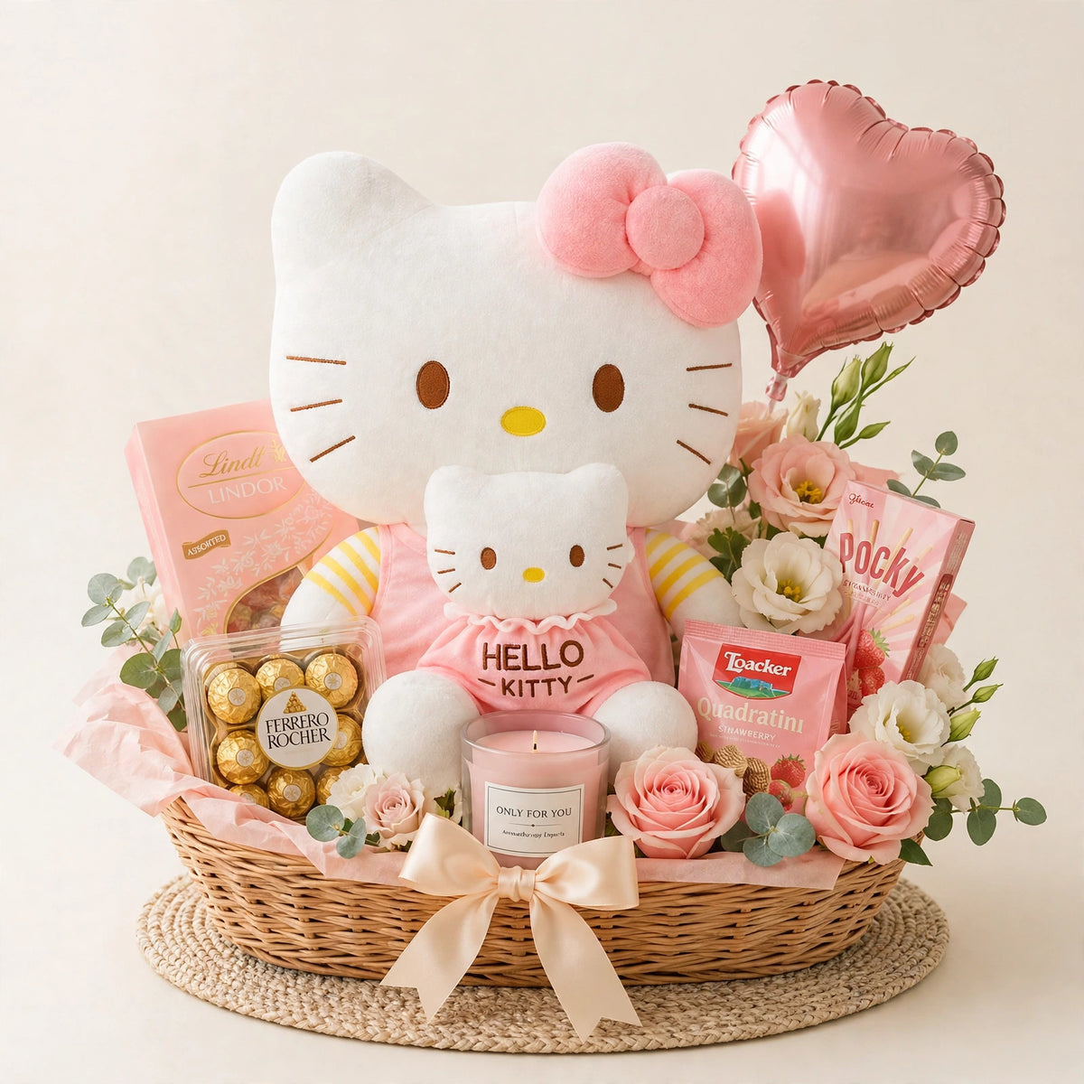 Hello Kitty Gift Basket — Hello Kitty plush with pink roses, Ferrero Rocher chocolates, snacks and a pink heart balloon in a woven gift basket, from LaLa Florist in Baldwin Park