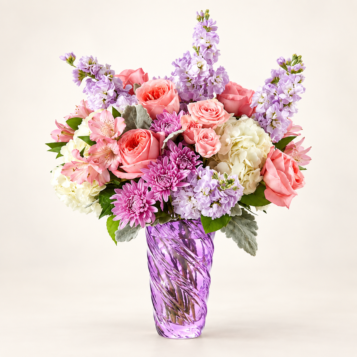 Silver Lining Bouquet Soft Pink Roses & Hydrangea Arrangement