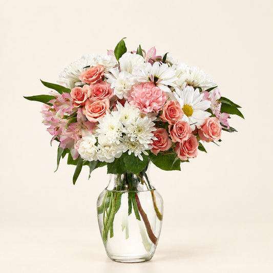 Soft pink and white rose bouquet with carnations