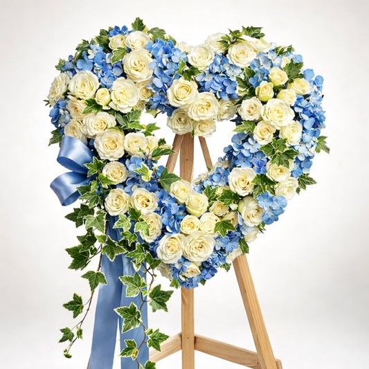 18” Blue & White Heart Funeral Wreath – Sympathy Standing Spray