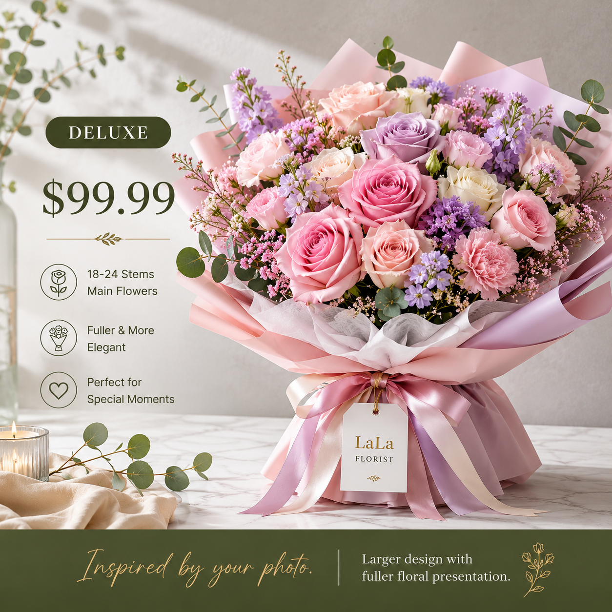 Custom Bouquet From Your Inspiration Photo
Send Us Your Photo, We’ll Create It For You