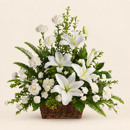 Peaceful white lily sympathy basket with carnations and seasonal greenery in a wicker basket
