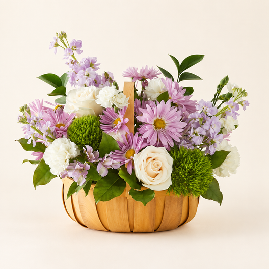 Pastel sympathy basket with pink daisies and white roses in a wooden basket