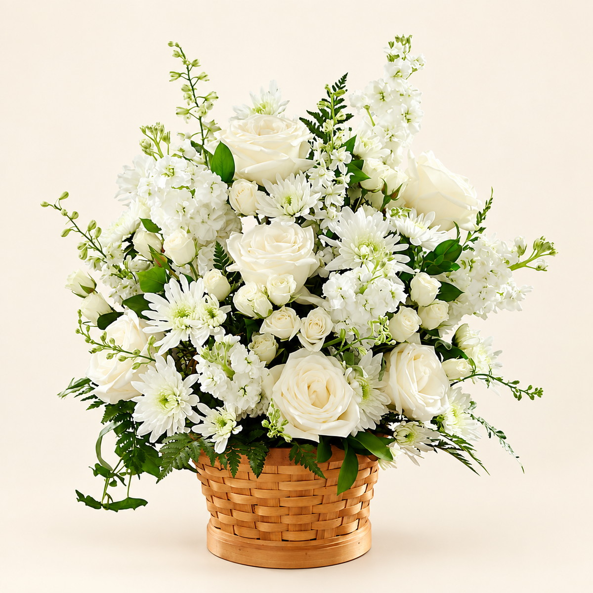 Close-up of Eternal Grace sympathy basket – elegant white blooms