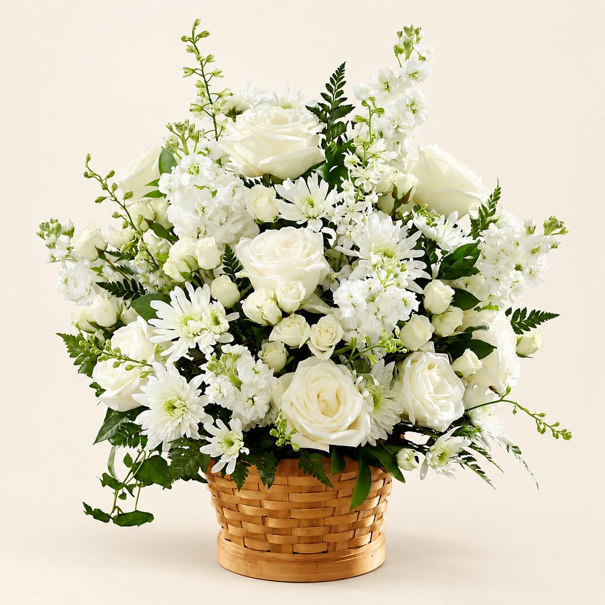 Eternal Grace sympathy basket side view – white flowers for remembrance