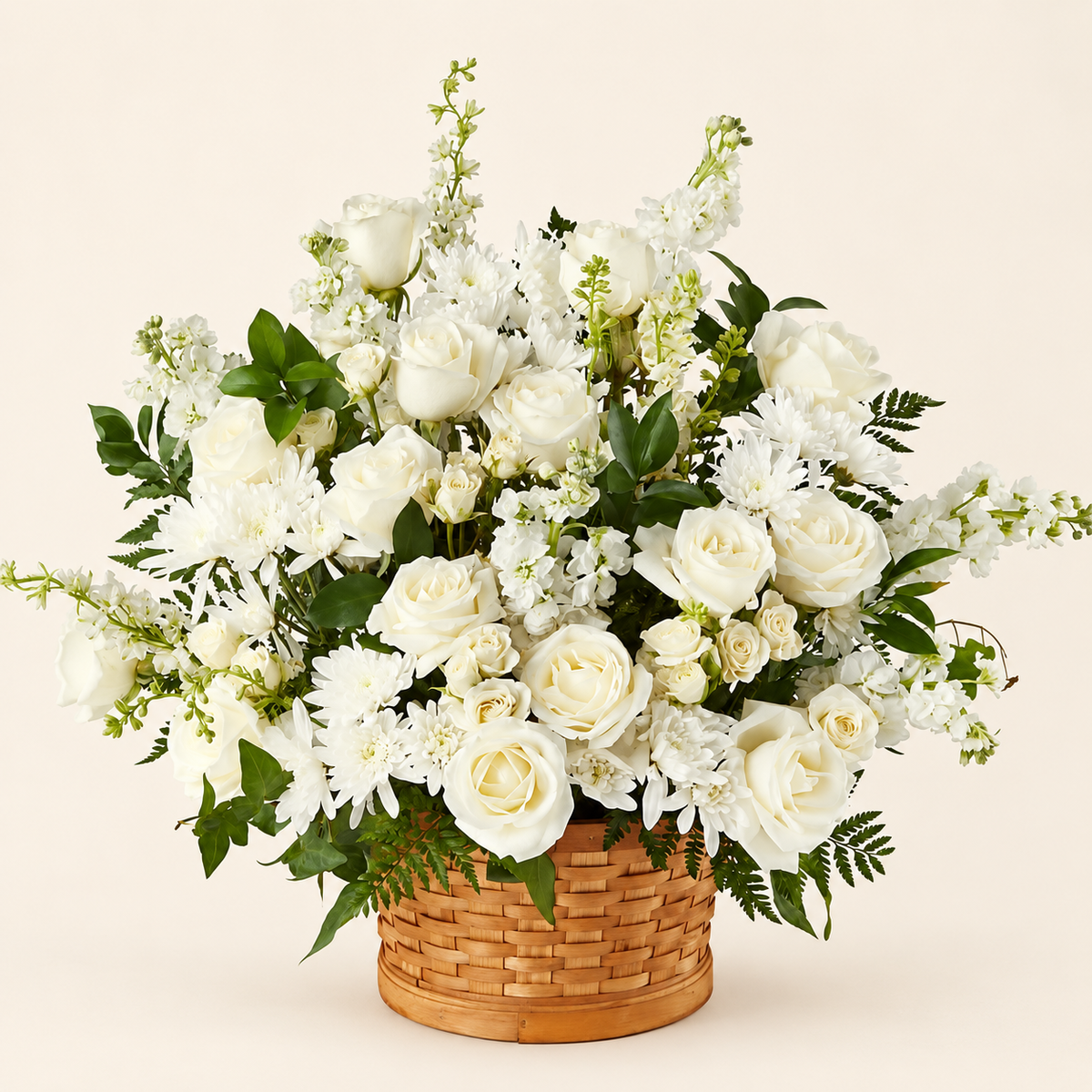 Eternal Grace white sympathy basket – top view of roses and blooms