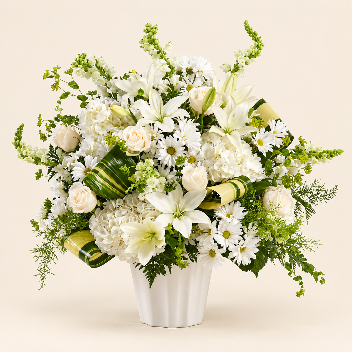 Close-up of Heaven's Garden memorial arrangement – elegant white blooms