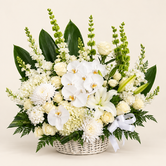 White orchid sympathy basket with lilies, roses, and hydrangeas
