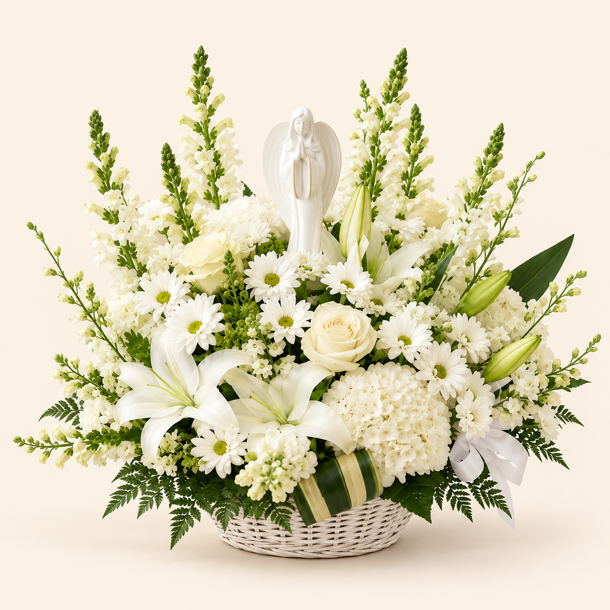 White sympathy basket with lilies, roses, hydrangeas, and an angel keepsake