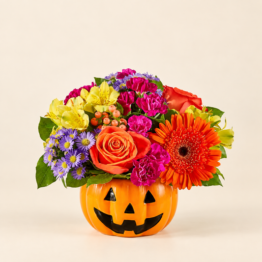 Tricks & Treats pumpkin bouquet with fall roses, daisies and carnations, front view
