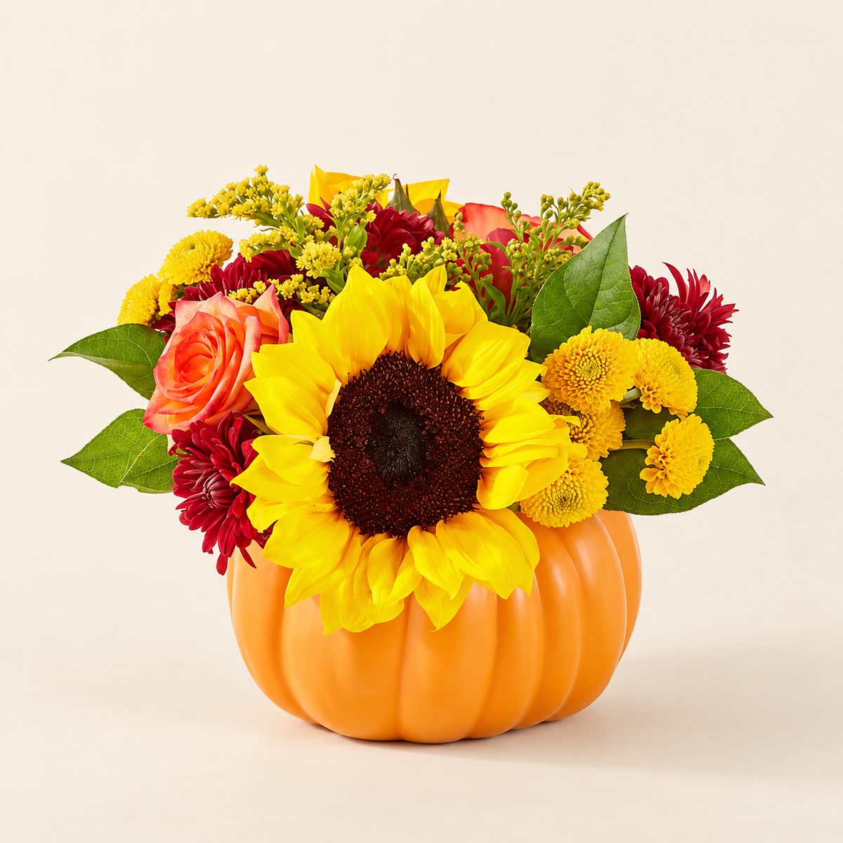 Golden Gourd pumpkin bouquet with sunflowers and roses, front view
