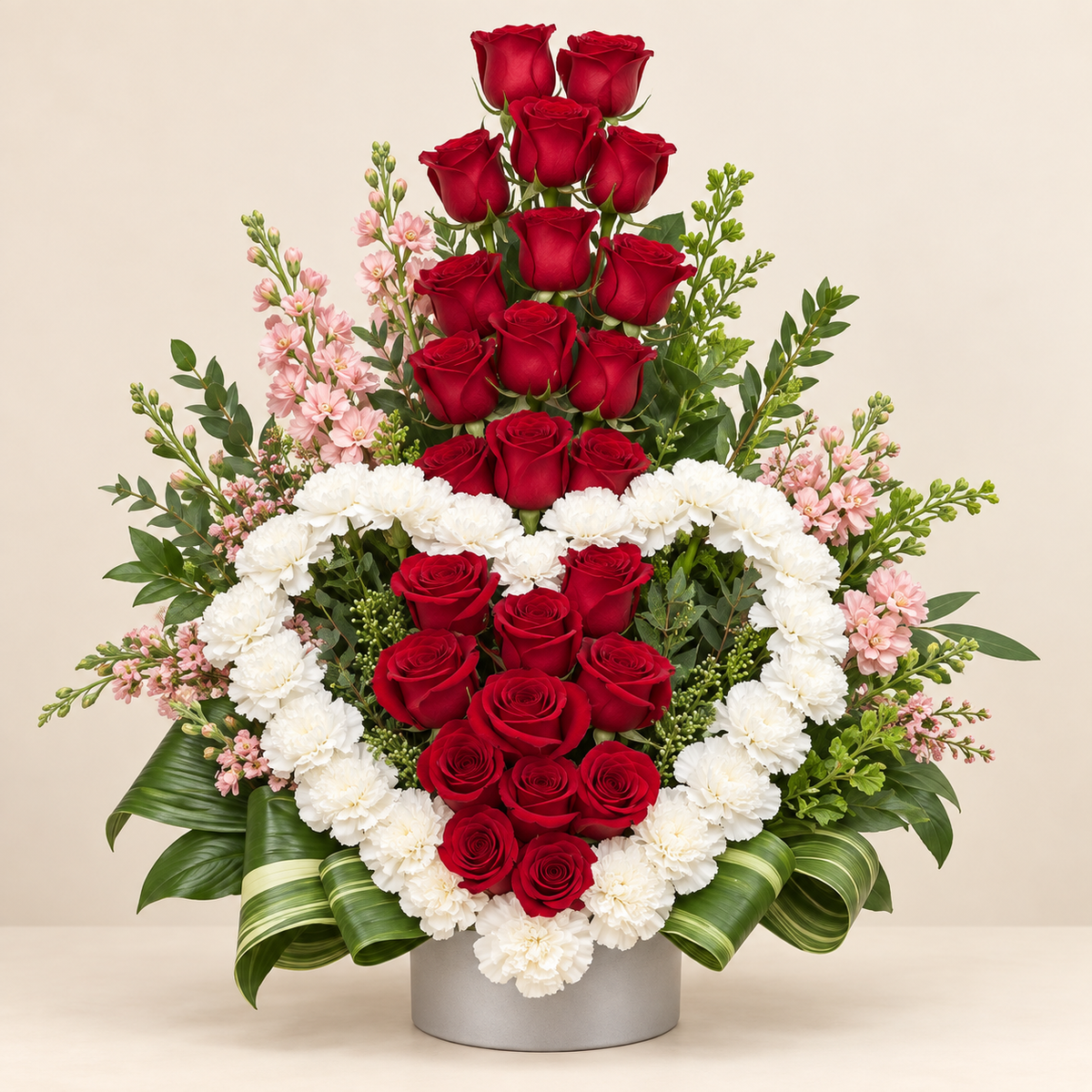 Heart-shaped funeral tribute arrangement with red roses framed by white blooms, hand-arranged by Baldwin Park florist