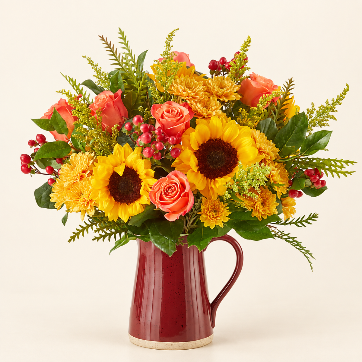 Fall flower arrangement with sunflowers and roses, same-day delivery in Baldwin Park
