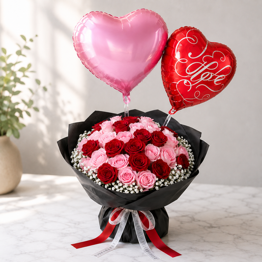 Roses Love Bouquet with Heart Balloons