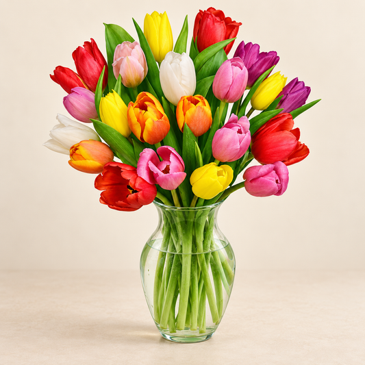 Rainbow tulip bouquet with red, yellow, pink, purple, orange and white tulips in a clear glass vase, hand-arranged by Baldwin Park florist
