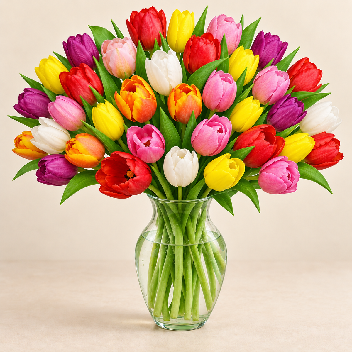 Cheerful rainbow tulips arrangement with assorted bright-color fresh cut tulips