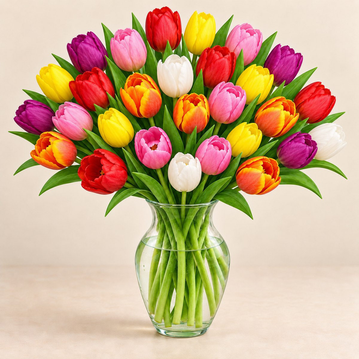 Vibrant mixed-color tulip bouquet — fresh rainbow tulips in a glass vase