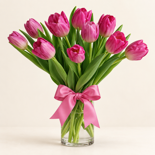 Pink tulip bouquet with fresh pink tulips tied with a pink satin bow in a clear glass vase, hand-arranged by Baldwin Park florist