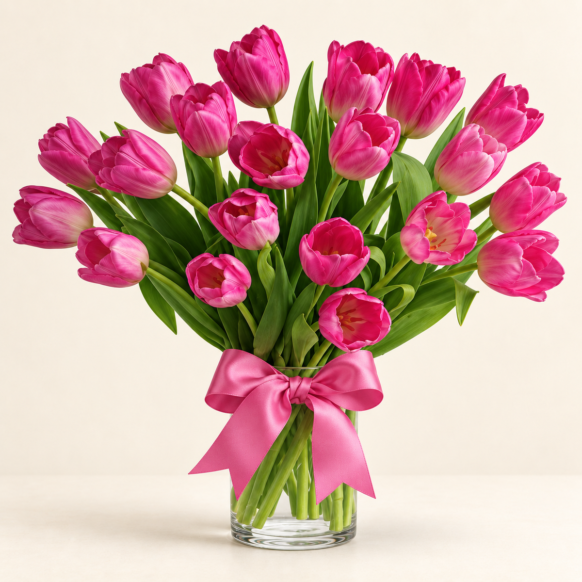 Elegant pink tulips bouquet — soft pink fresh-cut tulips with ribbon bow in glass vase