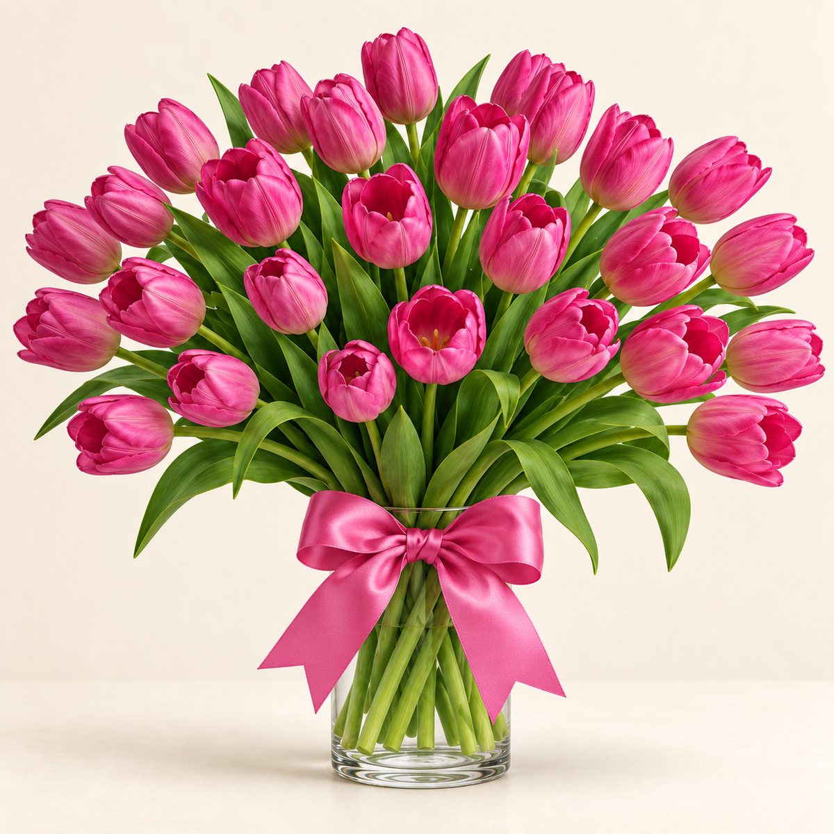 Fresh pink tulip arrangement with satin bow, hand-tied bouquet in clear vase