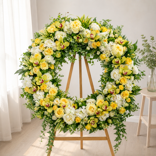 Yellow & White Orchid Sympathy Wreath