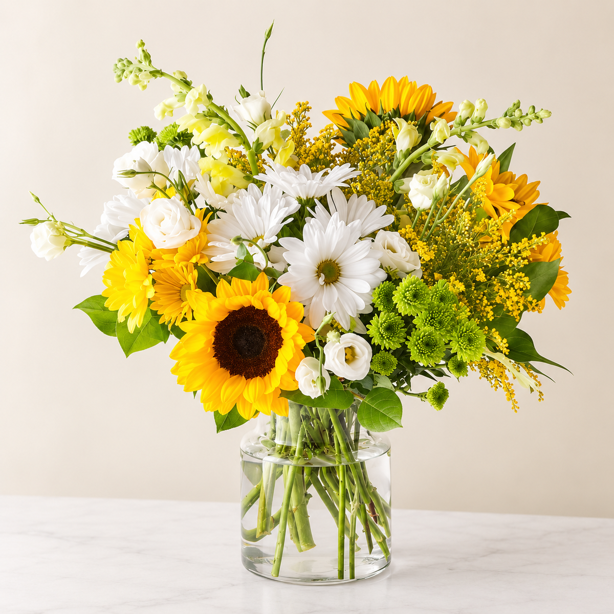 Bright sunflower and daisy arrangement — cheerful sunflowers with fresh greenery in glass vase