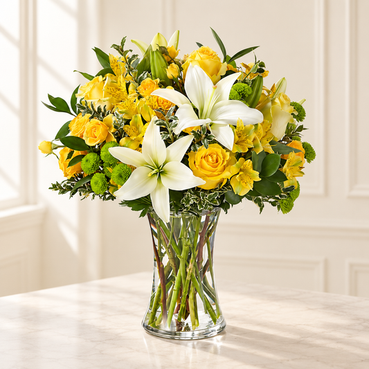 Hope and Serenity bouquet with white lilies and yellow roses in a fluted glass vase, hand-arranged by Baldwin Park 