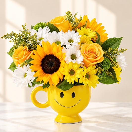 Be Happy bouquet with sunflowers, yellow roses and white daisies in a yellow smiley-face keepsake mug, hand-arranged by Baldwin Park florist