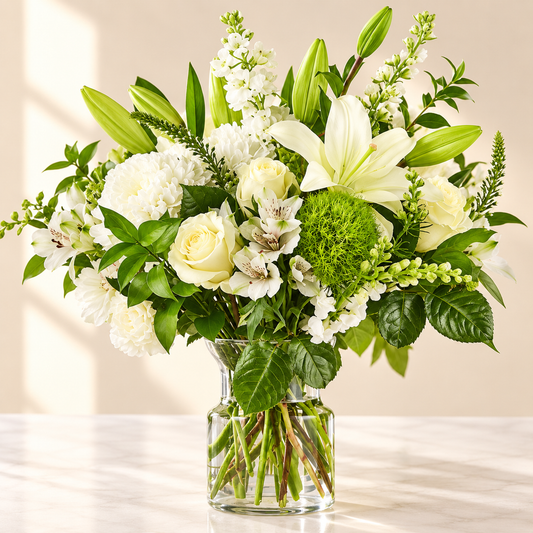 Classic Ivory arrangement with white lilies, ivory roses and green blooms in a clear glass vase, hand-arranged by Baldwin Park florist