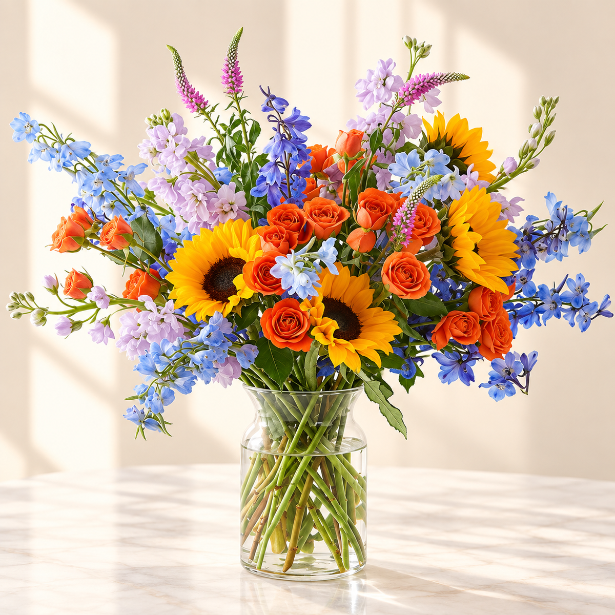 The Full Nest garden bouquet with sunflowers, orange roses and blue delphiniums in a clear glass vase, hand-arranged by Baldwin Park florist