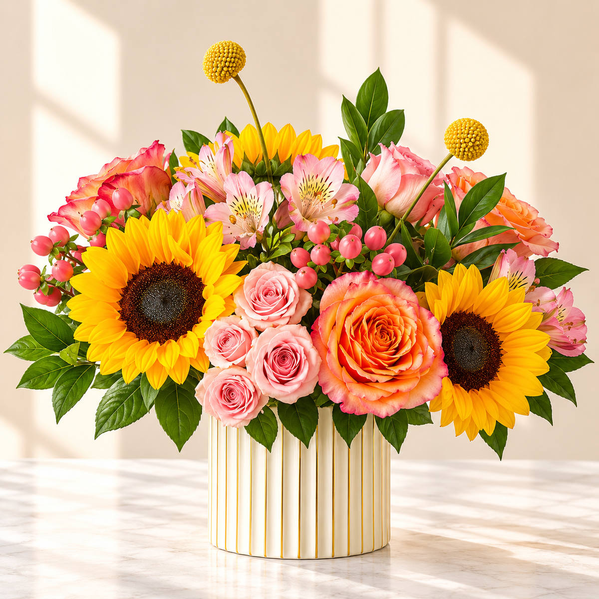 Sunny Delight arrangement with radiant sunflowers, pink and orange roses in a ribbed cream vase, hand-arranged by Baldwin Park florist