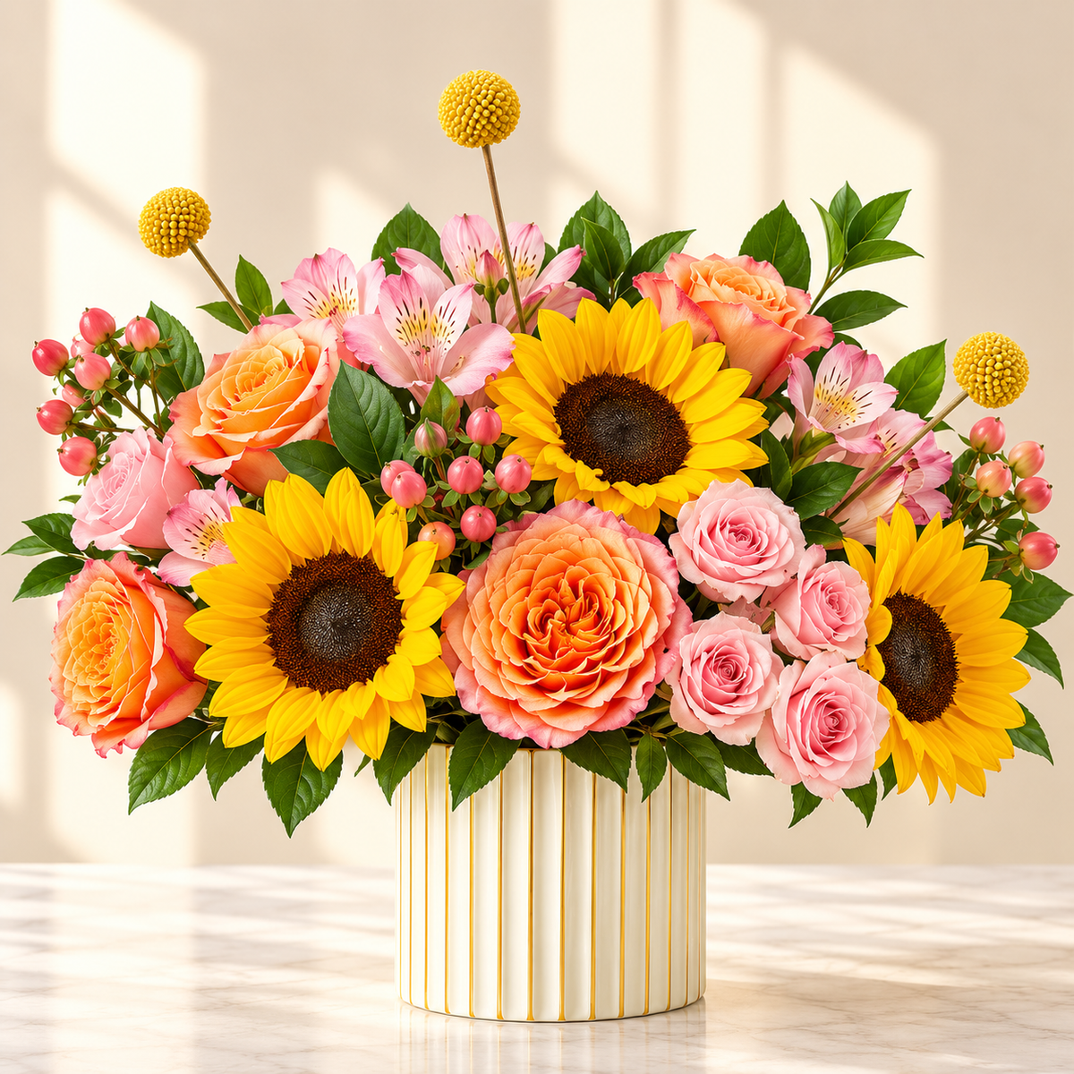 Cheerful sunflower and rose arrangement — bright sunflowers with pink roses in designer vase