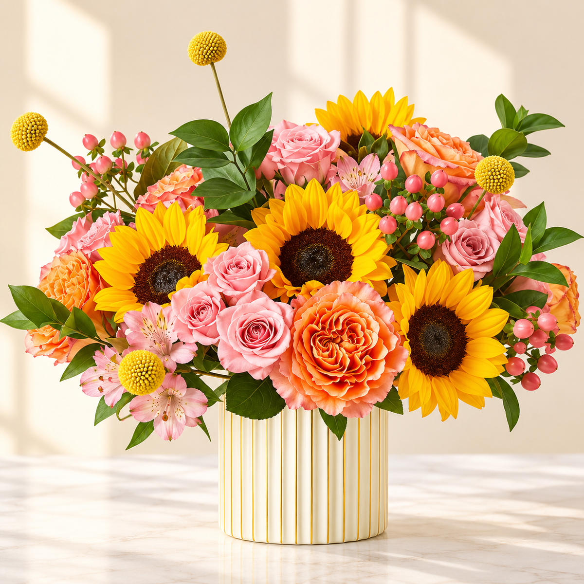 Sunflowers with pink and orange roses bouquet in a ribbed cream vase