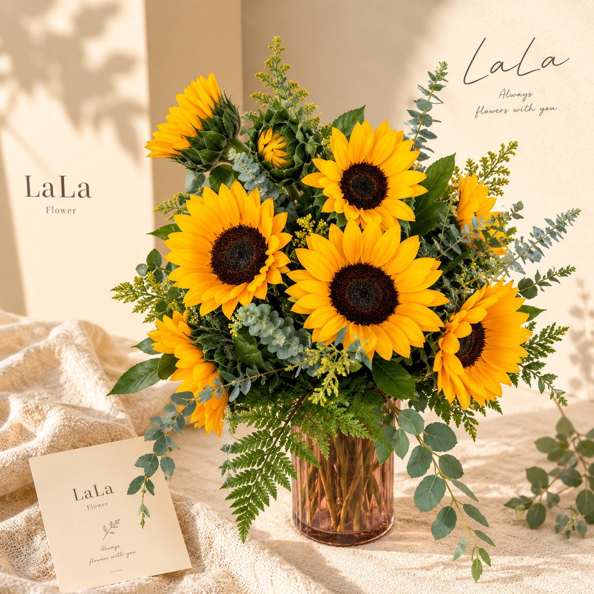 Sunflower Sunshine vase arrangement with golden sunflowers and eucalyptus greenery in a glass vase, hand-arranged by Baldwin Park florist