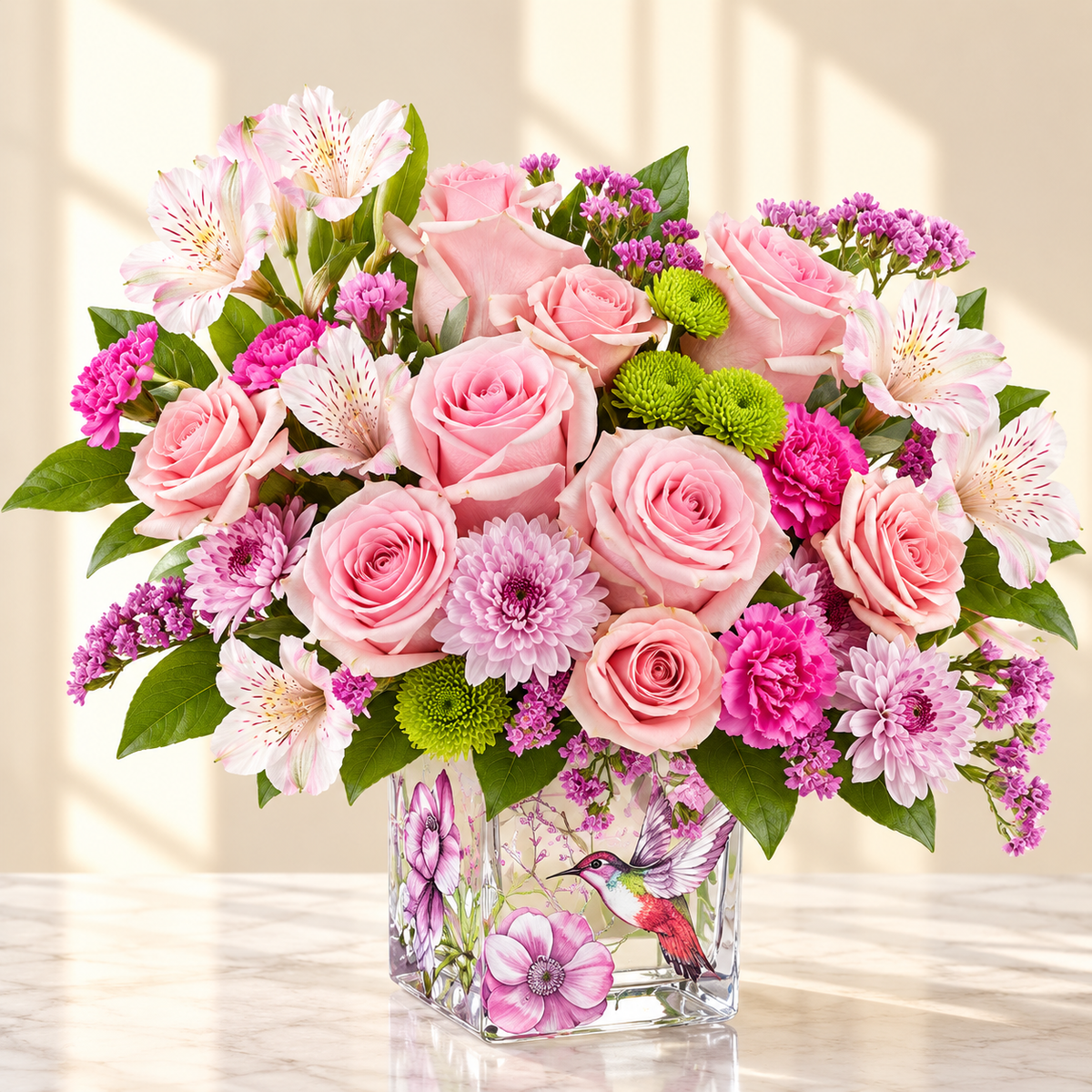 Hummingbird Blush garden bouquet with pink roses, alstroemeria and magenta blooms in a hummingbird-print glass vase, hand-arranged by Baldwin Park florist