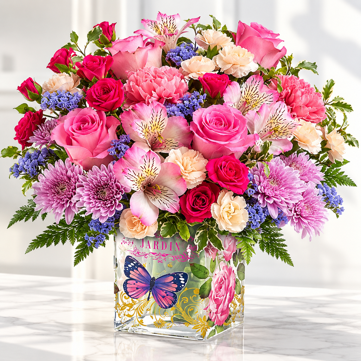 Butterfly Garden Bliss bouquet with pink roses, carnations and alstroemeria in a butterfly-print glass vase, hand-arranged by Baldwin Park florist