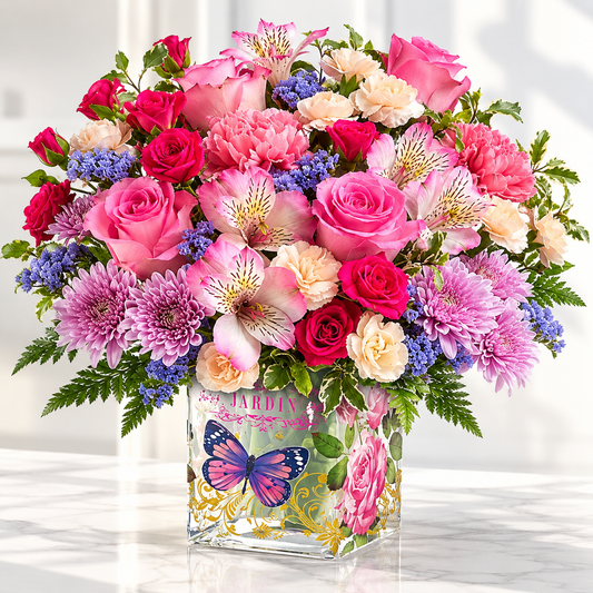 Butterfly Garden Bliss bouquet with pink roses, carnations and alstroemeria in a butterfly-print glass vase, hand-arranged by Baldwin Park florist